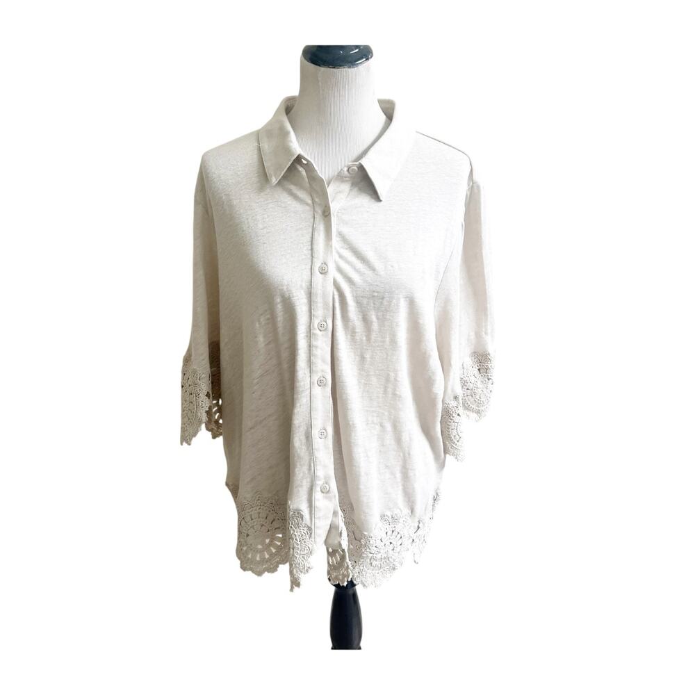 Chico’s Linen Crochet Trim Button Front Blouse Womens Tan Romantic Bohemian 1X
